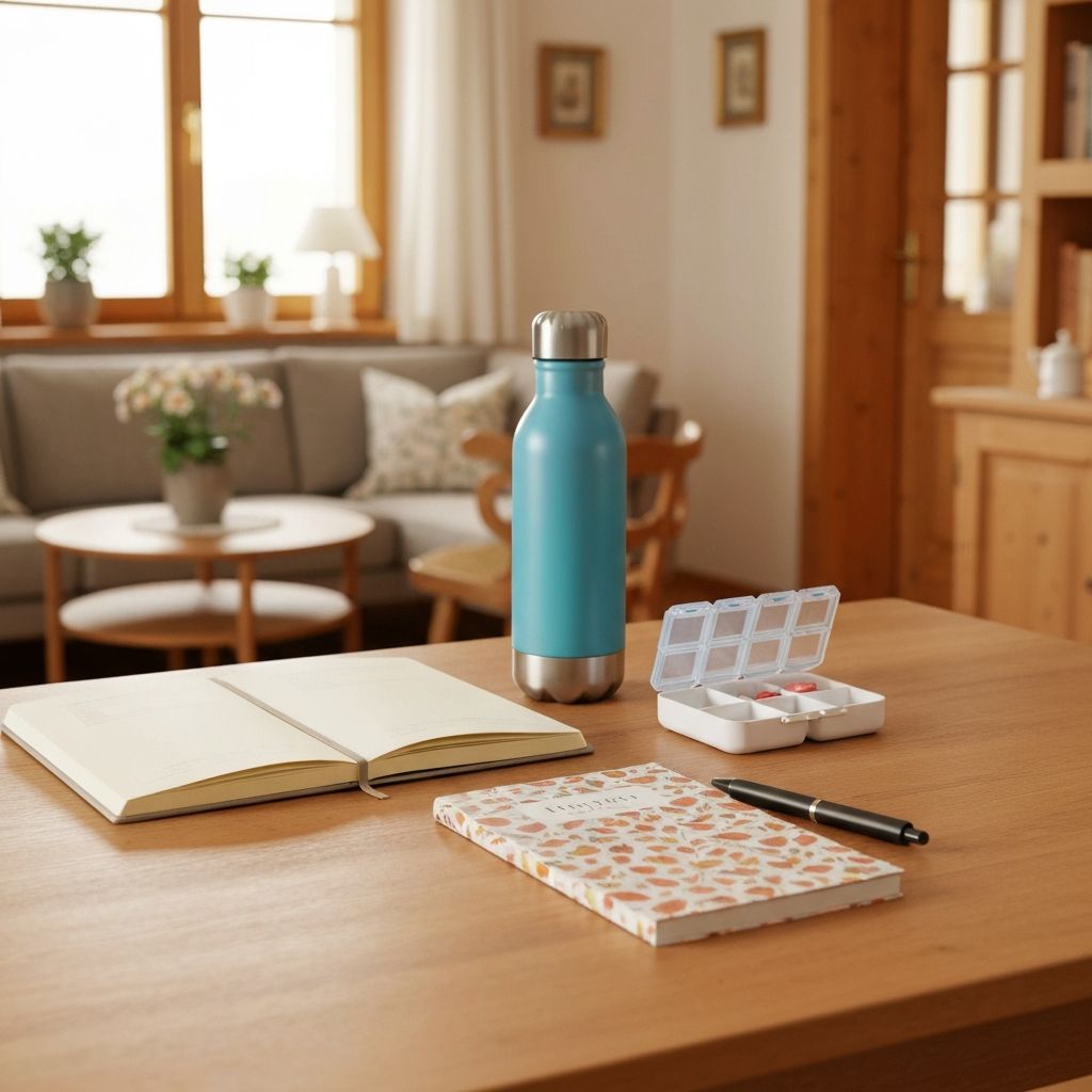 Wellness-Tagebuch, Wasserflasche, Medikamenten-Organizer auf Schreibtisch