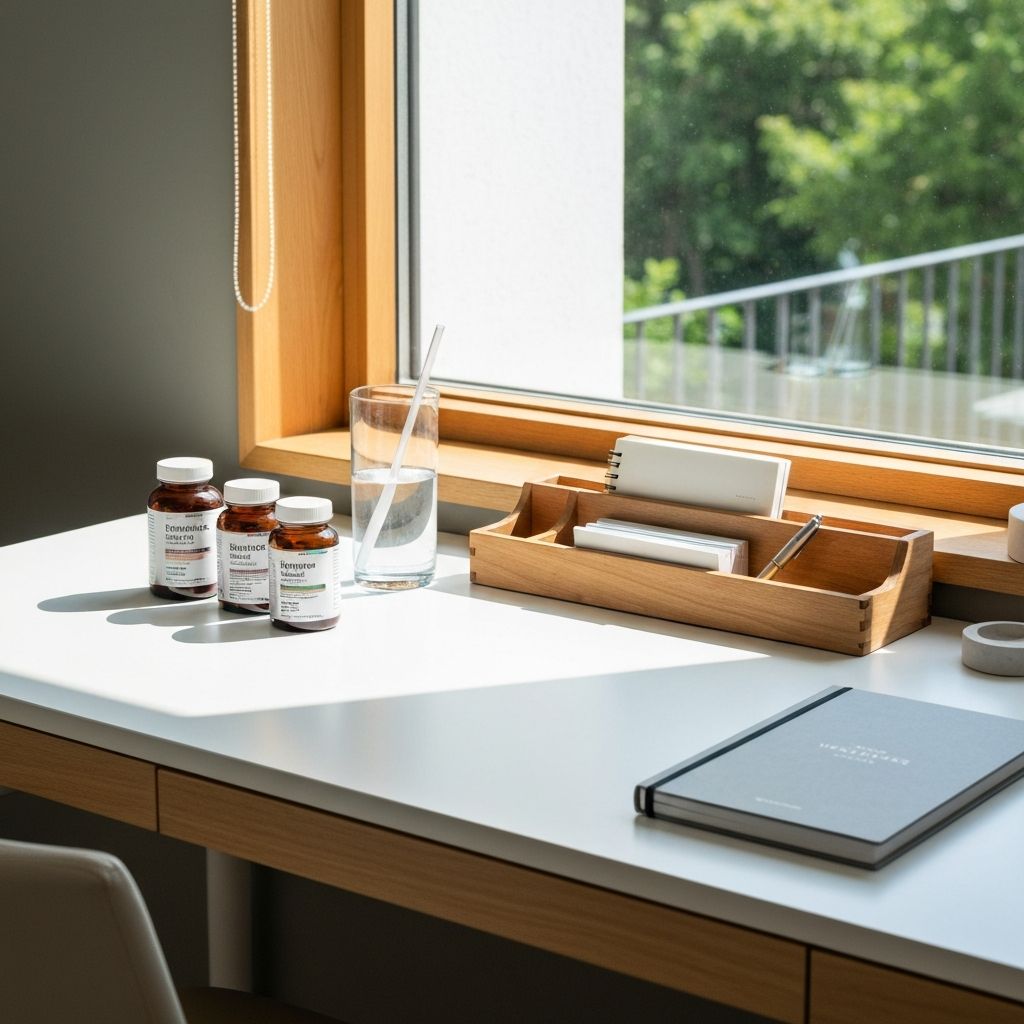 Moderner Arbeitsbereich mit Supplementen, Notizbuch und Wasser