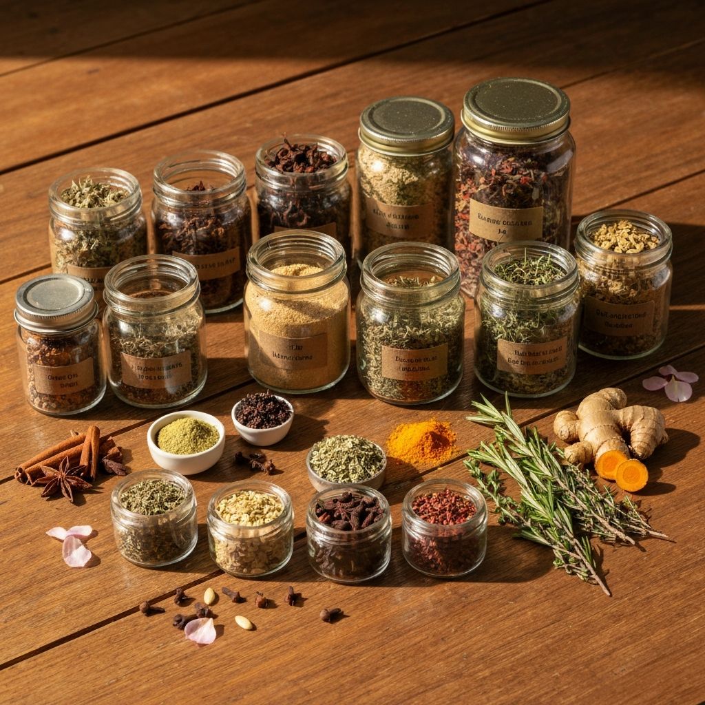 Getrocknete Kräuter, Wurzeln und Pulver auf Holztisch