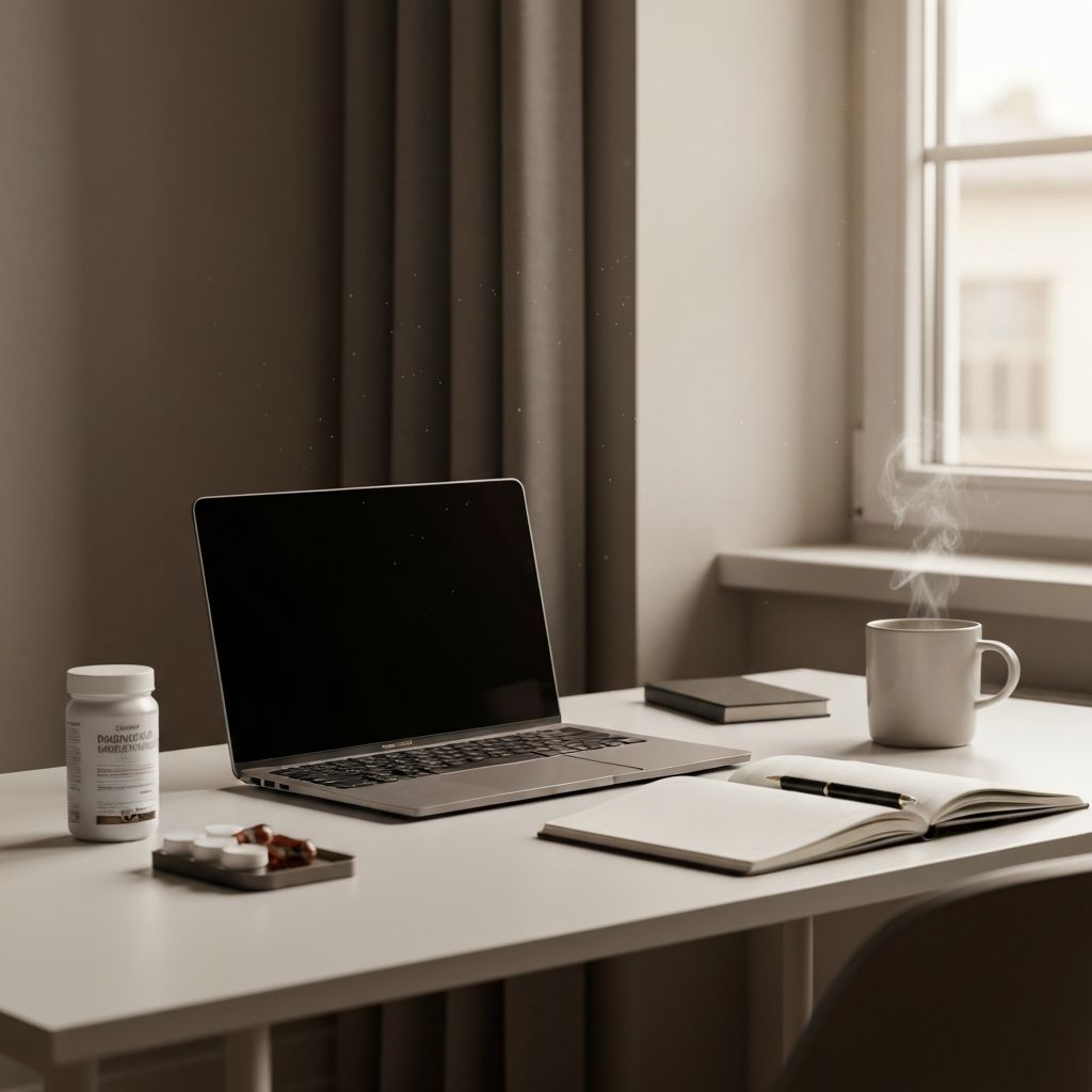 Arbeitsplatz mit Laptop, Supplement-Organizer, Notizbuch und Kaffee